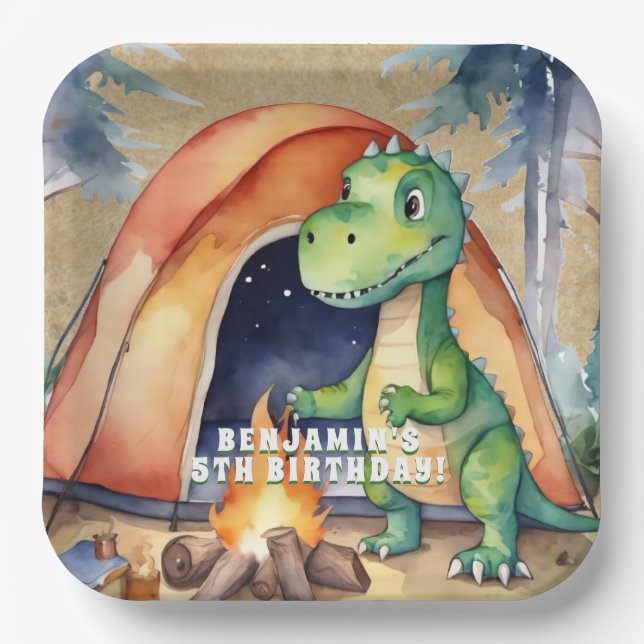 Dinosaur Campout Birthday Party Paper Plates (Front)
