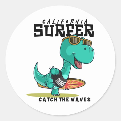 Dinosaur carrying a surfboard classic round sticker