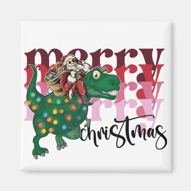 Dinosaur carrying Santa Claus Christmas Magnet (Front)