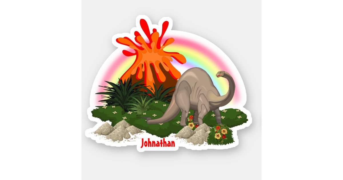 Dinosaur cartoon island volcano rainbow DIY name Sticker | Zazzle