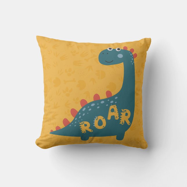 Dinosaur Cartoon Yellow Blue Roar Kids Room Decor Throw Pillow (Front)