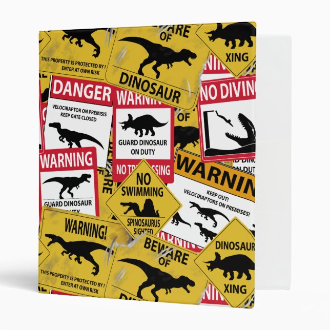 Dinosaur Caution Signs 3 Ring Binder (Front/Inside)