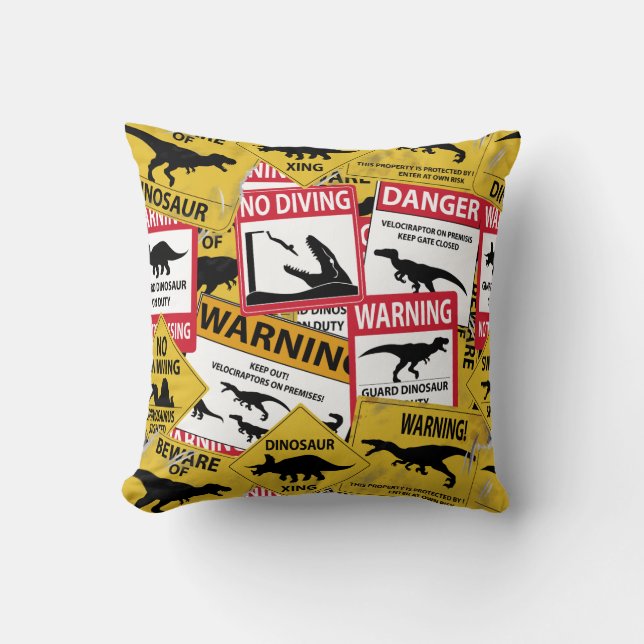 Dinosaur Caution Signs Throw Pillow (Front)