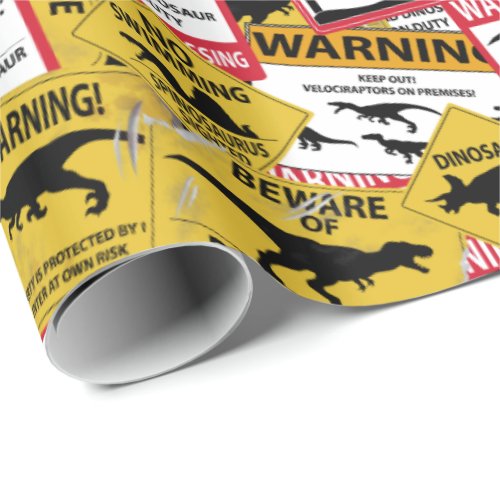 Dinosaur Caution Signs Wrapping Paper