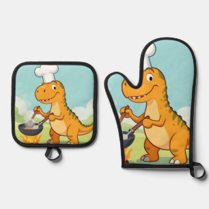 Dinosaur Chef Cooking Funny Oven Mitt & Pot Holder Set