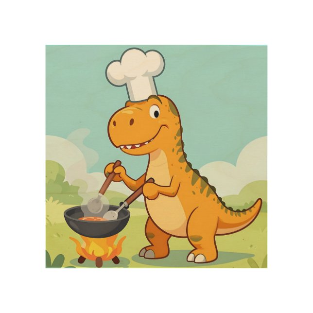 Dinosaur Chef Cooking Funny Wood Wall Art (Front)