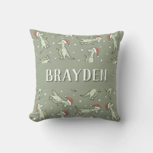 Dinosaur Christmas Boy Name Santa Tyrannosaurus Throw Pillow