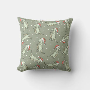 Dinosaur Christmas Boy Santa Claus Dino T-Rex Sage Throw Pillow