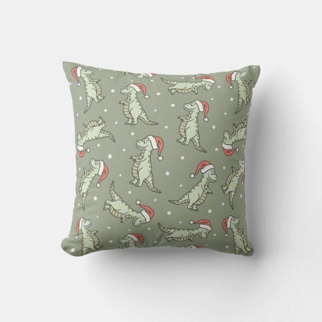 Dinosaur Christmas Boy Santa Claus Dino T-Rex Sage Throw Pillow (Front)