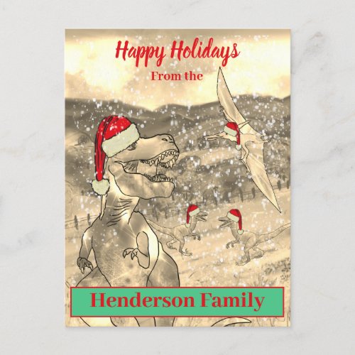 Dinosaur Christmas Funny T Rex Santa Family Name Holiday Postcard