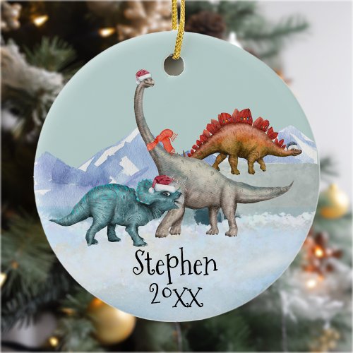Dinosaur Christmas Jurassic Watercolor Name  Ceramic Ornament