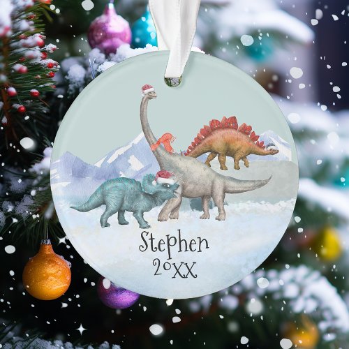Dinosaur Christmas Jurassic Watercolor Name  Ornament