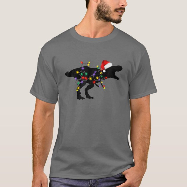 Dinosaur Christmas Pajamas Family T Rex Xmas Light T-Shirt (Front)