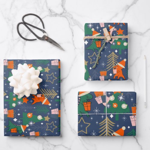 Dinosaur Christmas Party Blue Wrapping Paper Sheets