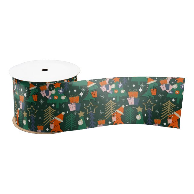 Dinosaur Christmas Party Green  Satin Ribbon (Spool)