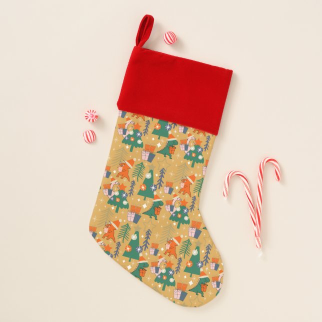 Dinosaur Christmas Party Yellow  Christmas Stocking (Front)