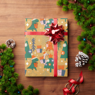 Dinosaur Christmas Party Yellow Wrapping Paper