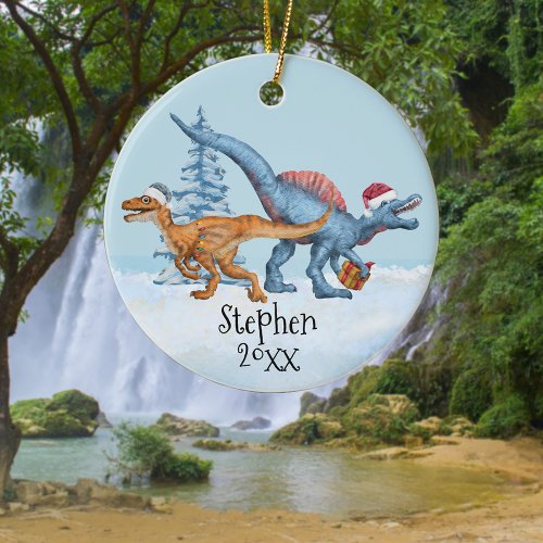 Dinosaur Christmas Raptor Watercolor Name Ceramic Ornament
