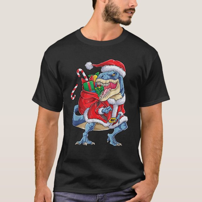 Dinosaur Christmas Santa Claus T rex Boys Men Funn T-Shirt (Front)