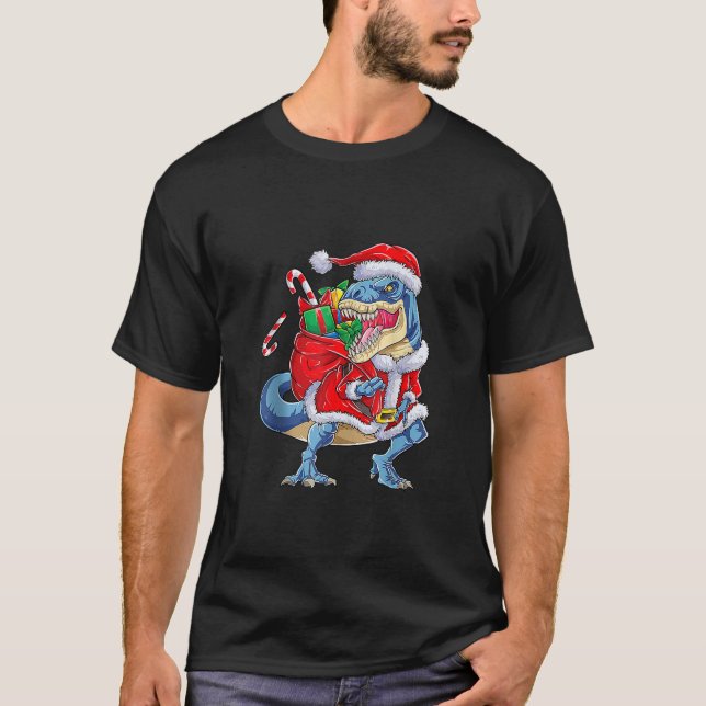 Dinosaur Christmas Santa Claus T Rex Boys Men Funn T-Shirt (Front)