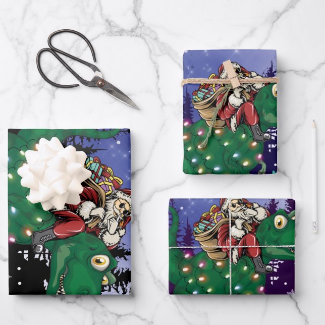 Dinosaur Christmas Santa Claus Wrapping Paper Sheets (Front)