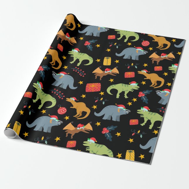Dinosaur Christmas Santa Hat Pattern, Black Wrapping Paper (Unrolled)