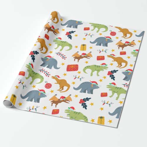 Dinosaur Christmas Santa Hat Pattern White Wrapping Paper