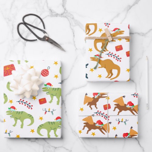 Dinosaur Christmas Santa Hat Pattern White Wrapping Paper Sheets