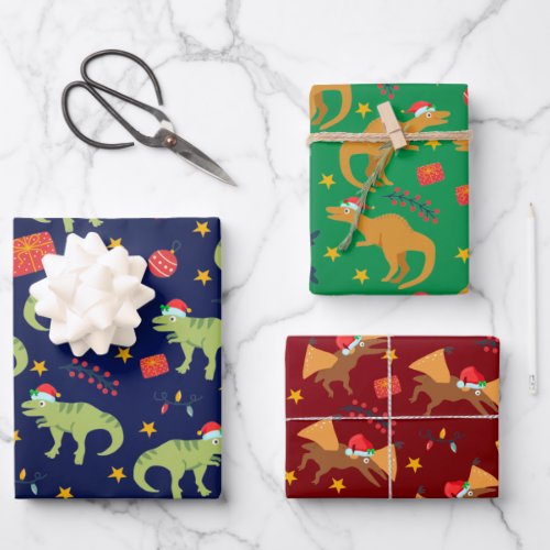 Dinosaur Christmas Santa Hat Pattern Wrapping Paper Sheets