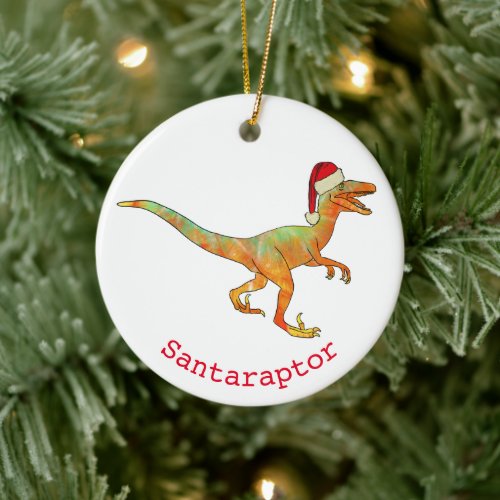 Dinosaur christmas santa raptor ceramic ornament