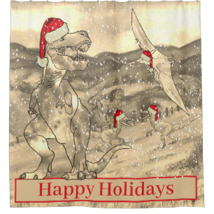 Dinosaur Christmas T Rex Santa Funny Snow Scene Shower Curtain
