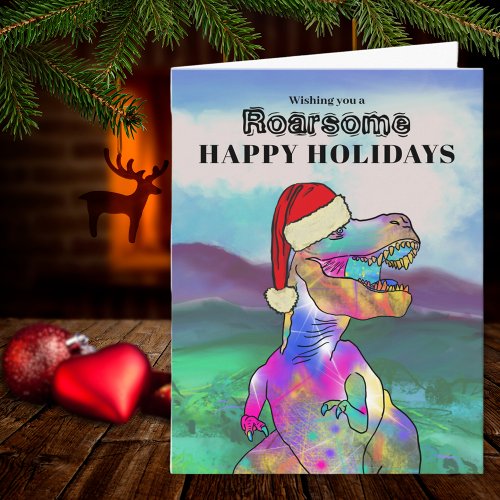 Dinosaur Christmas T Rex Santa Personalized Card