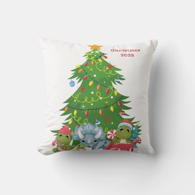 Dinosaur Christmas throw pillow customizable (Front)