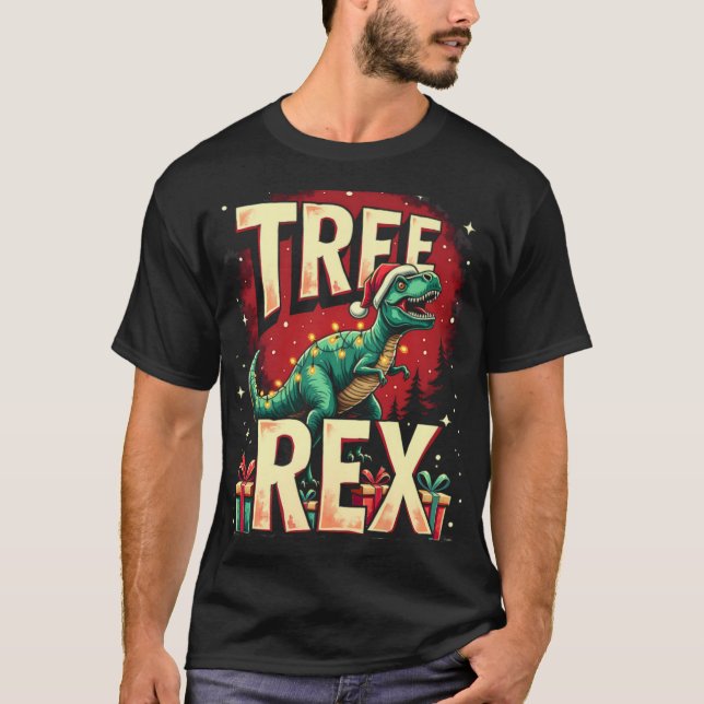 Dinosaur Christmas Tree Rex Men Boys Girls Xmas Li T-Shirt (Front)