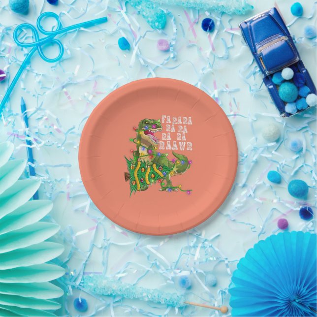 Dinosaur Christmas Tree Rex Men Boys Kids Paper Plates (Party)