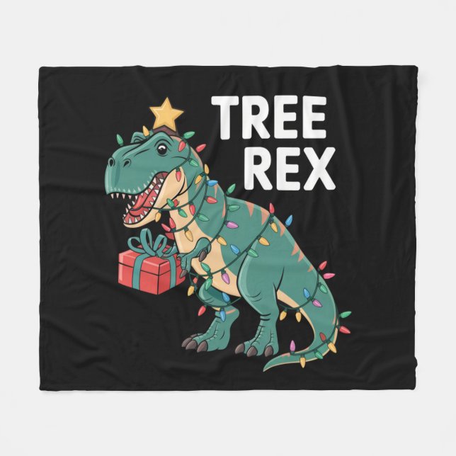 Dinosaur Christmas Tree Rex Pajamas Xmas Lights  Fleece Blanket (Front (Horizontal))