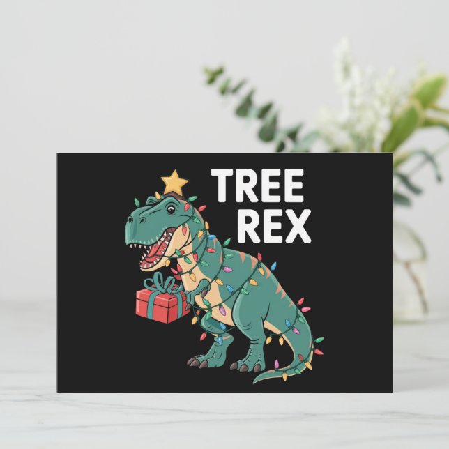 Dinosaur Christmas Tree Rex Pajamas Xmas Lights  Holiday Card (Standing Front)