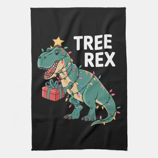 Dinosaur Christmas Tree Rex Pajamas Xmas Lights  Kitchen Towel (Vertical)