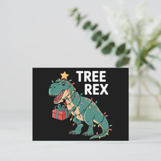 Dinosaur Christmas Tree Rex Pajamas Xmas Lights  Postcard (Standing Front)