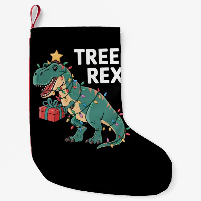 Dinosaur Christmas Tree Rex Pajamas Xmas Lights  Small Christmas Stocking (Front)