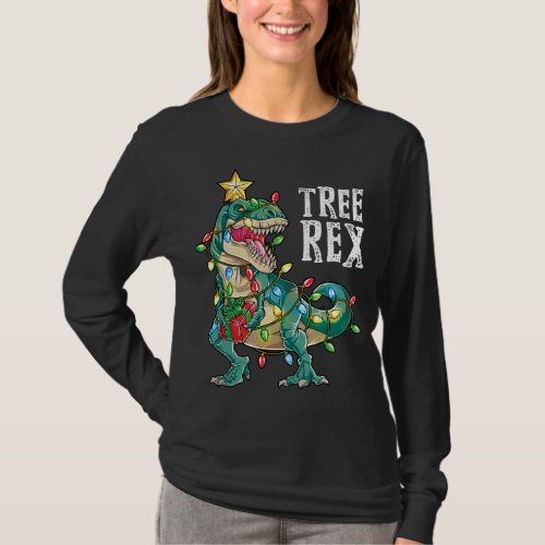 Dinosaur Christmas Tree Rex Pajamas Xmas Lights T_Shirt