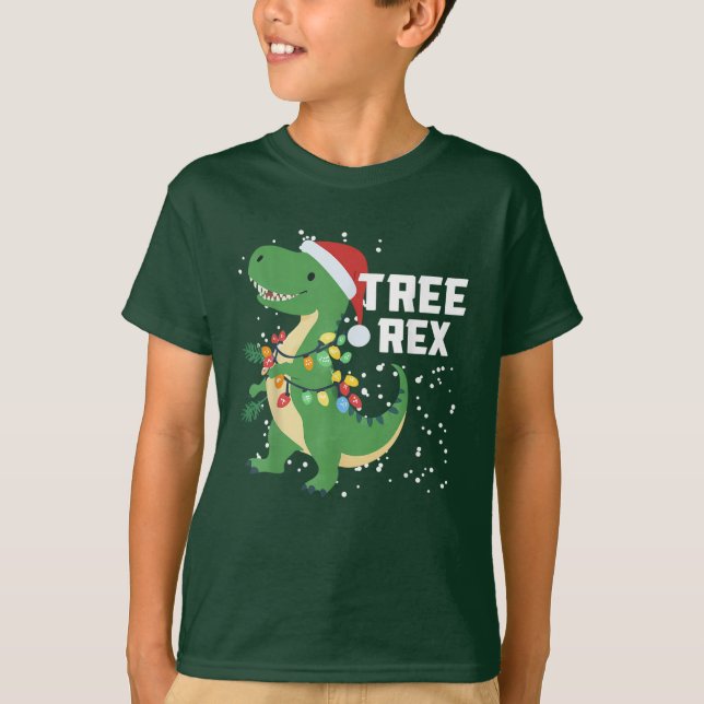 Dinosaur Christmas Tree Rex Pajamas Xmas Lights T-Shirt (Front)