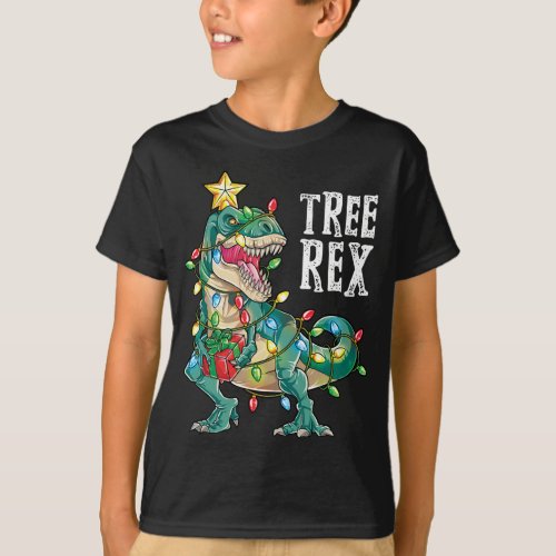 Dinosaur Christmas Tree Rex Pajamas Xmas Lights T_Shirt