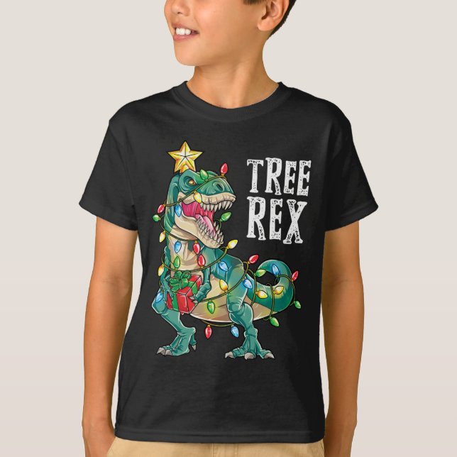 Dinosaur Christmas Tree Rex Pajamas Xmas Lights T-Shirt (Front)