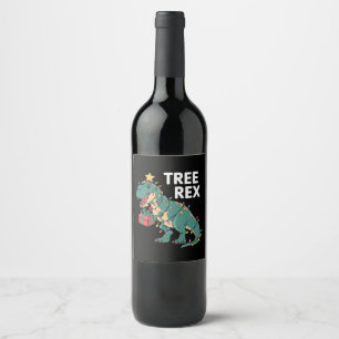 Dinosaur Christmas Tree Rex Pajamas Xmas Lights Wine Label