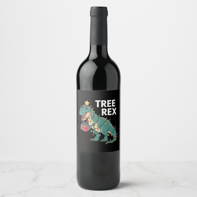 Dinosaur Christmas Tree Rex Pajamas Xmas Lights  Wine Label (Front)