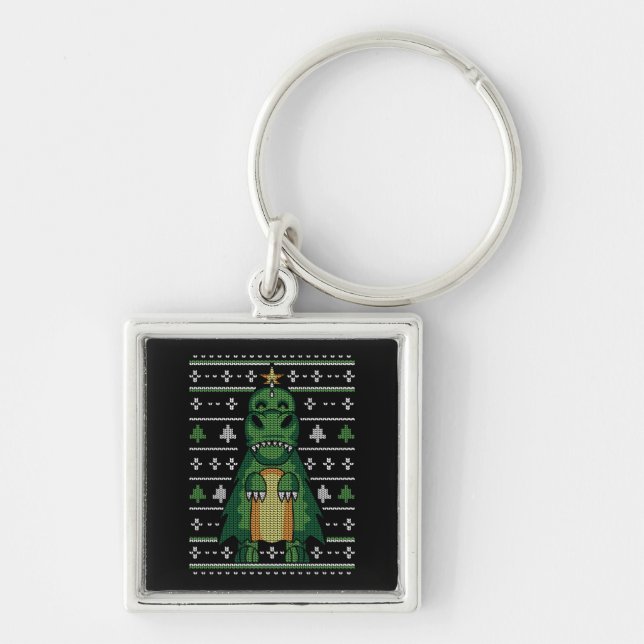 Dinosaur Christmas Tree Ugly Sweater Keychain (Front)