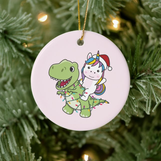 Dinosaur Christmas Unicorn Winter T-Rex Dino Adult Ceramic Ornament (Tree)