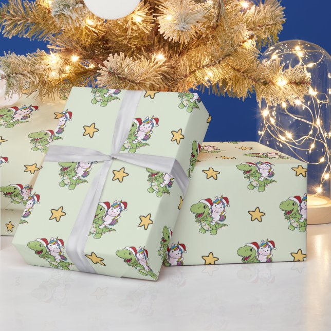 Dinosaur Christmas Unicorn Winter T-Rex Dino Wrapp Wrapping Paper (Holidays)