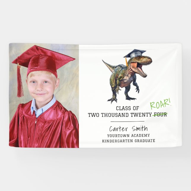 Dinosaur Class of 2024 Kids Graduation Photo White Banner (Horizontal)